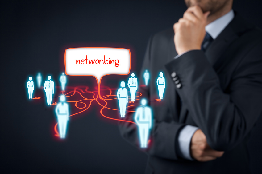 Professional networking concept. Businessman think about networking scheme.